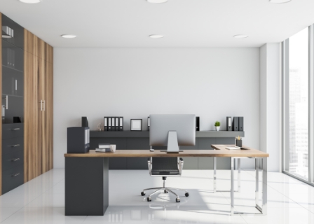 photo of an L-shaped desk in a contemporary home office