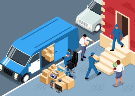 vector illustration of a group of movers and office people loading a moving van