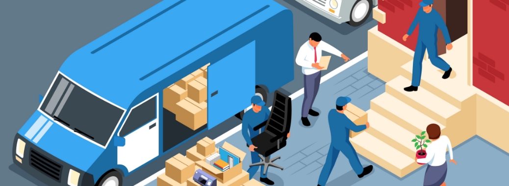 vector illustration of a group of movers and office people loading a moving van
