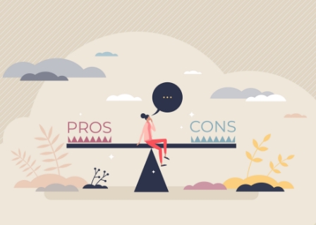 illustration of a woman sitting on a giant scale, with 'pros' and 'cons' on either side