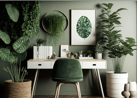 office desk covered in greenery