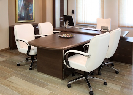 wood desk in conference room