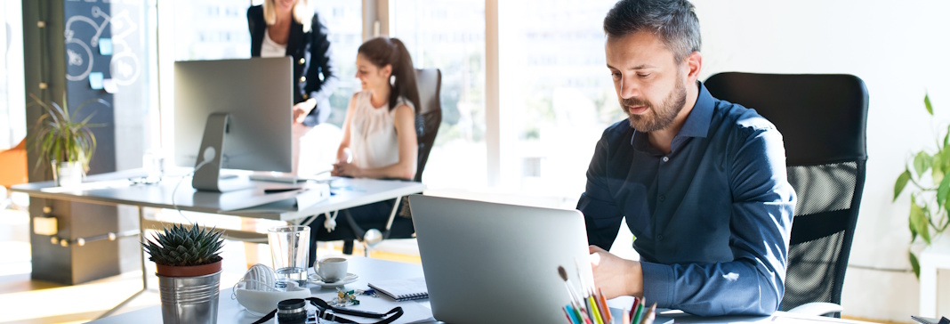 team working at office desks
